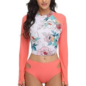 Alove Women’s Two-Piece Swimsuit UPF50+ Long Sleeve Floral Orange Size M NWT